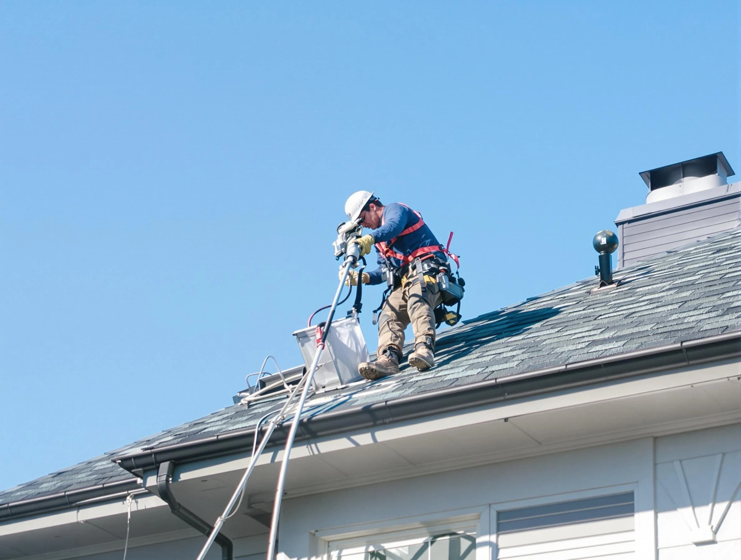 Locust Grove Dryer Vent Cleaning certified technician cleaning a roof-mounted dryer vent system in Locust Grove
