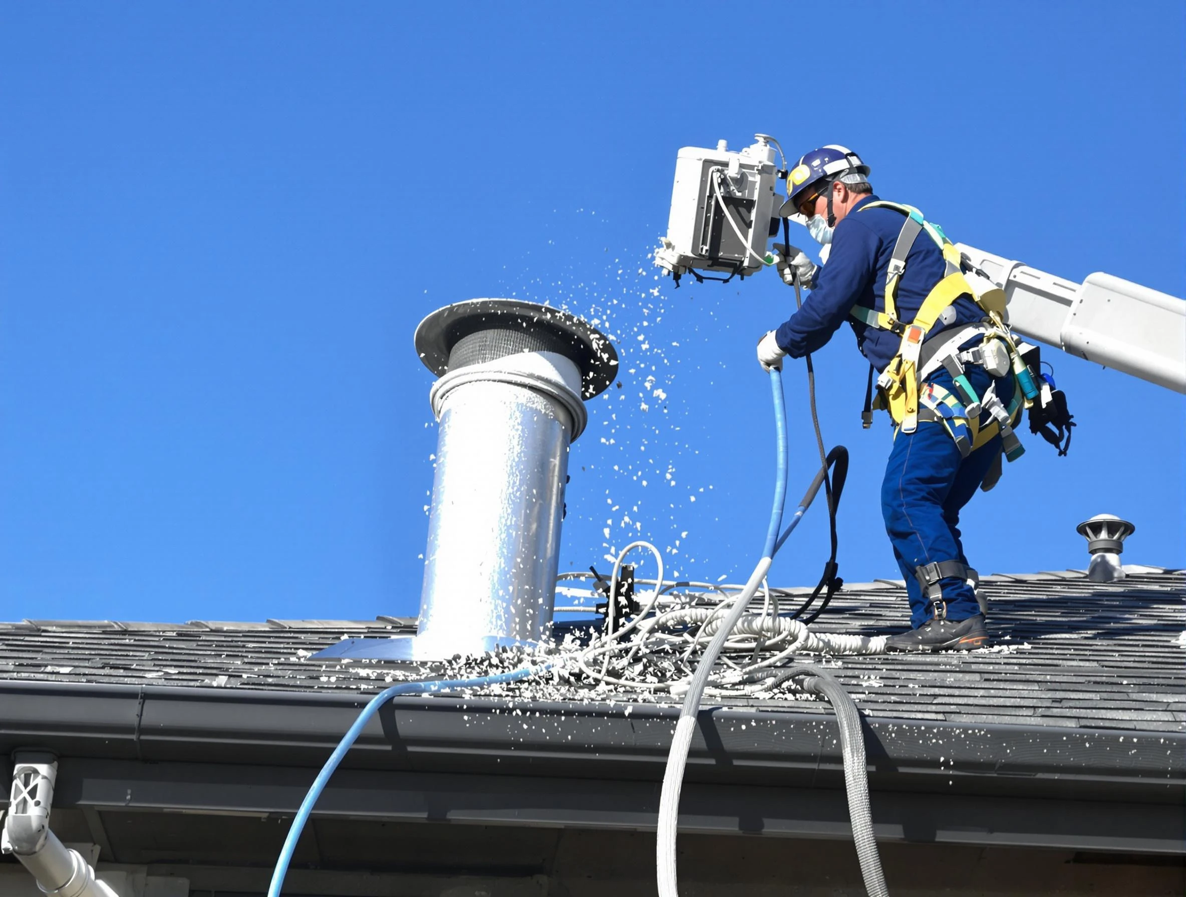 Locust Grove Dryer Vent Cleaning certified technician safely cleaning a roof-mounted dryer vent in Locust Grove