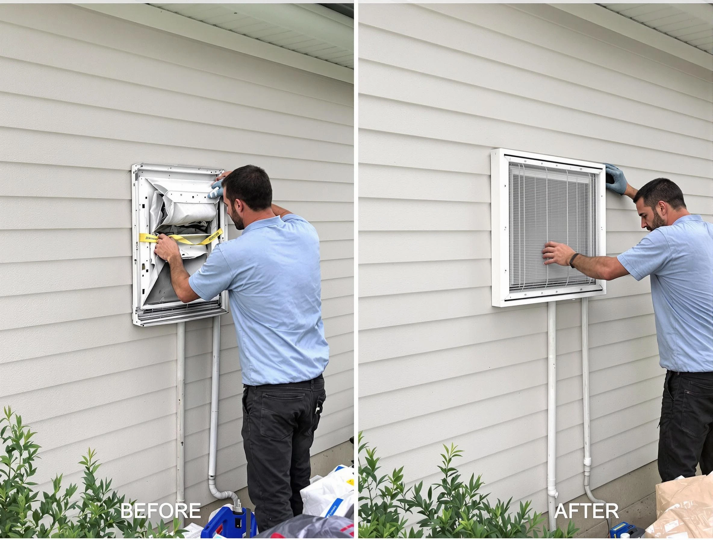 Locust Grove Dryer Vent Cleaning technician installing high-quality dryer vent cover at a residential property in Locust Grove